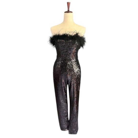 INA Pants - INA Women Feather Embellished Strapless Embroidered Sequin Black Jumpsuit M NWT
